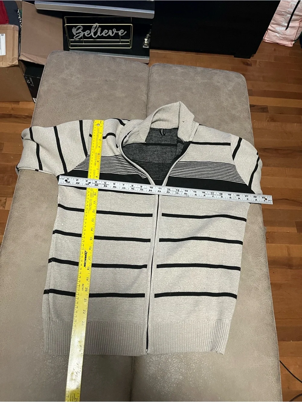 True Rock Men's Cream and Black Striped Zip-Up Sweater medium